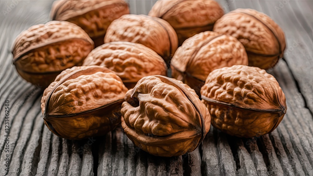 Poster Walnuts arranged on a textured dark wooden surface with a blurred background highlighting their rich brown tones and intricate shell patterns.