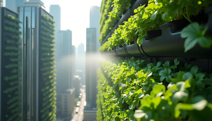 A vertical garden on the side of a tall building surrounded by urban structures and greenery