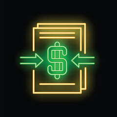 Neon green dollar sign with arrows pointing to a document, representing a money transfer