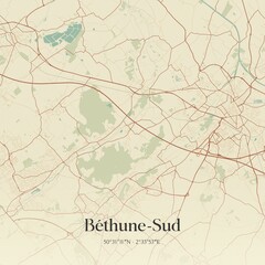 Retro map of B�thune-Sud, Hauts-de-France, France. Vintage street map.