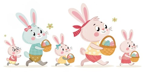 A cheerful illustration of cartoon bunnies carrying baskets, happily walking together in a festive, colorful scene.