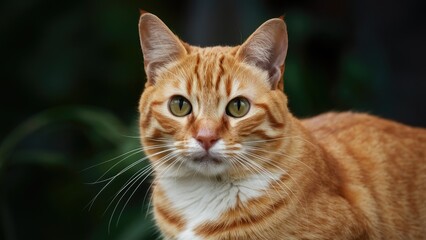 Fototapeta premium Orange cat with striking green eyes sits gracefully against a blurred green background, showcasing its vibrant fur and distinct stripes.