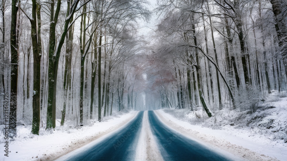 Aufkleber serene snow-covered road surrounded by frosted trees in a tranquil winter forest soft grey and white