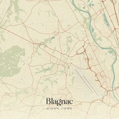 Retro map of Blagnac, Occitanie, France. Vintage street map.