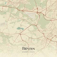 Retro map of Bi�vres, �le-de-France, France. Vintage street map.