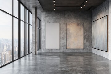 Fototapeta premium Modern art gallery, city view, empty canvases, concrete walls