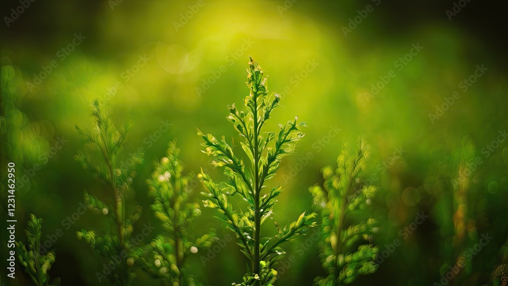 Poster lush green bokeh background featuring tall, delicate greenery with blurred light effects radiating w