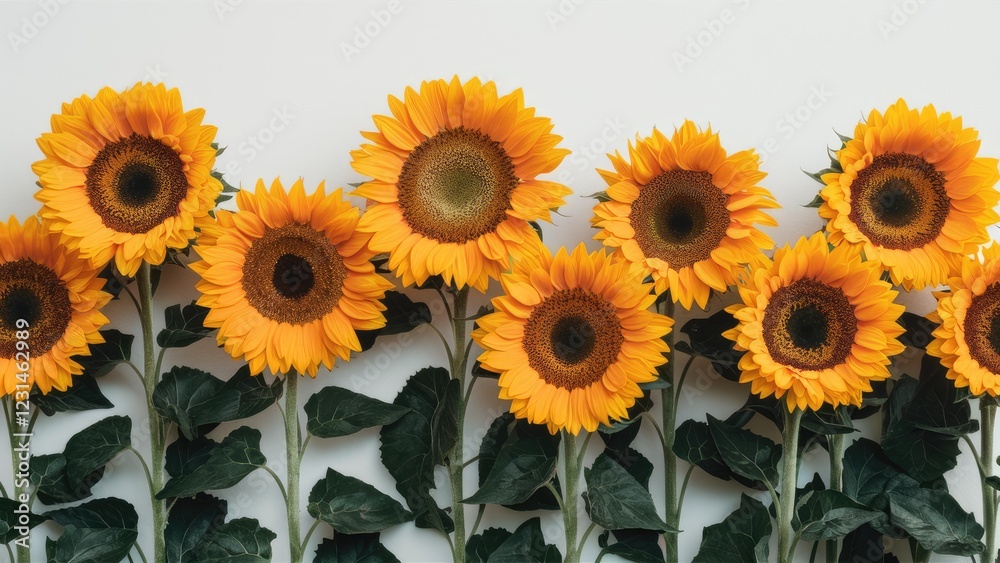 Poster bright yellow sunflowers in a horizontal row with green leaves against a clean white background crea