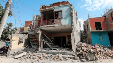 Aftermath of a Devastating Earthquake: Collapsed Buildings and Debris in Residential Area