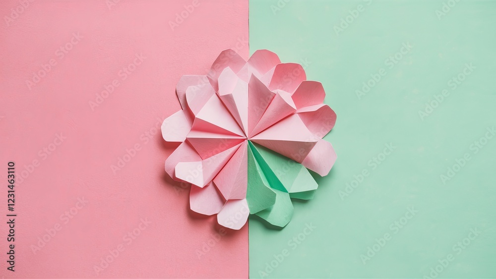 Poster Two-tone paper background with shades of pink on the left and mint on the right featuring a 3D paper flower centerpiece in the center.