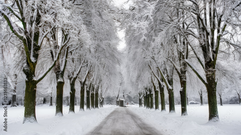 Aufkleber Serene winter park pathway lined with snow-covered trees creating a tranquil snowy landscape with a soft gray sky and muted colors.
