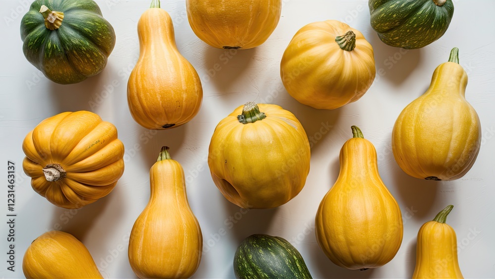 Poster assortment of yellow and green swan neck squashes arranged in a flat layout on a light gray backgrou