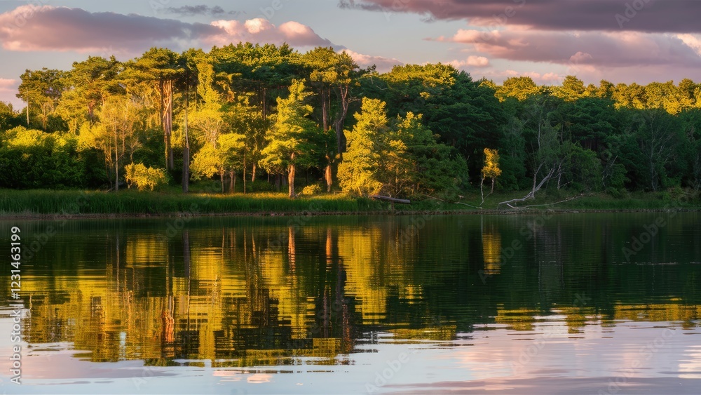 Poster Tranquil lake scene with lush green trees reflecting in calm water under warm sunset rays with soft clouds creating a serene atmosphere