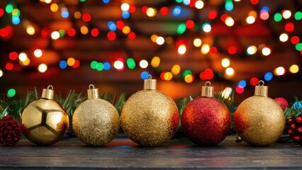 Festive golden and red Christmas ornaments arranged in a row with colorful blurred lights in the background creating a warm holiday atmosphere