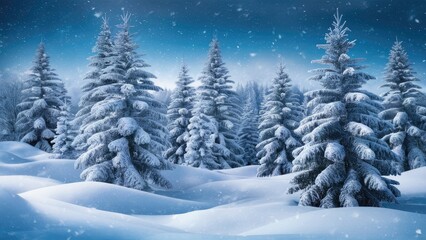 Fototapeta premium Serene winter landscape featuring snow-covered pine trees in varying shades of blue and white, with a soft snowfall under a twilight sky.
