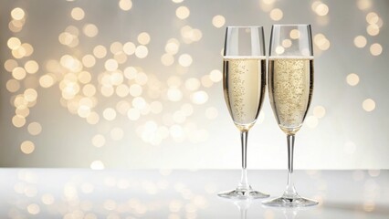 Two elegant champagne flutes filled with sparkling champagne against a soft, glowing background of bokeh lights.