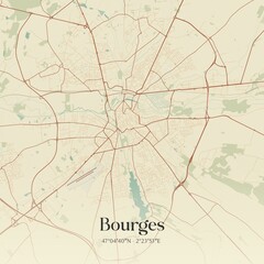 Retro map of Bourges, Centre-Val de Loire, France. Vintage street map. © Rezona