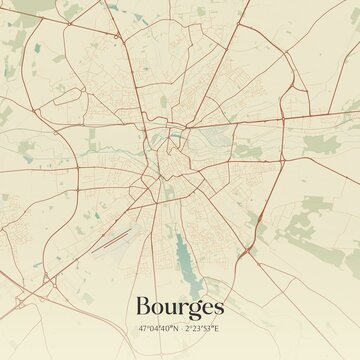 Retro map of Bourges, Centre-Val de Loire, France. Vintage street map.