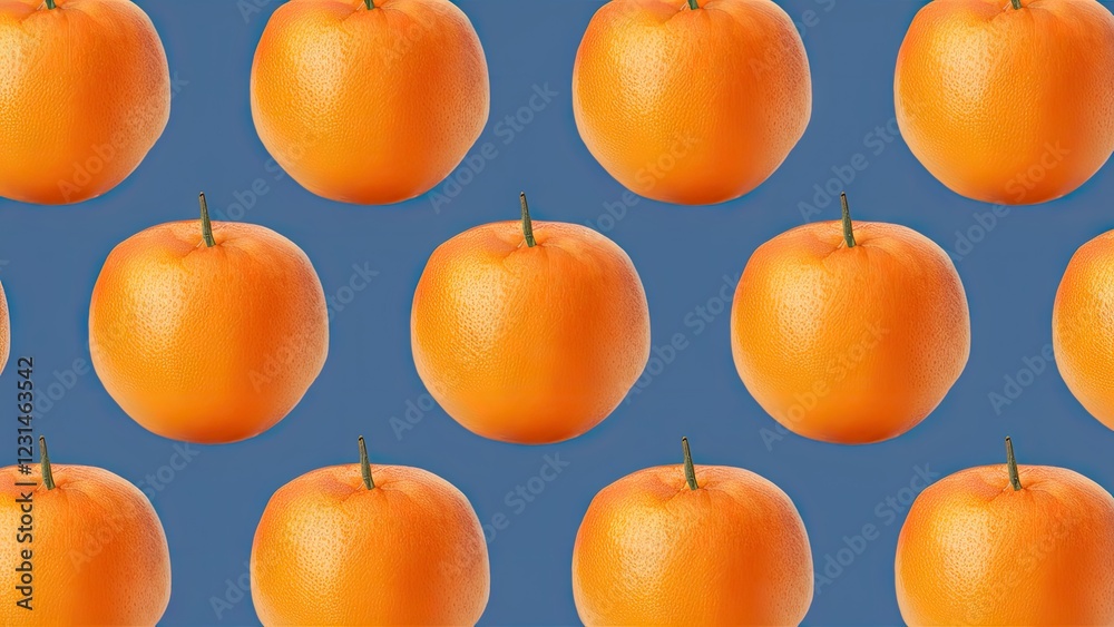 Poster Pattern of vibrant orange tangerines arranged in rows on a solid blue background creating a fresh and colorful visual texture.