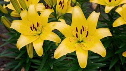 Obraz premium Vibrant yellow lilies in full bloom with green foliage creating a lush garden setting showcasing their intricate patterns and shapes.