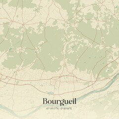 Retro map of Bourgueil, Centre-Val de Loire, France. Vintage street map.
