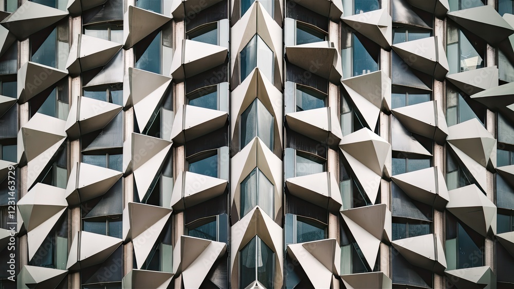 Leinwandbilder Geometric facade of contemporary building showcasing white triangular shapes arranged at dynamic angles against a glass window backdrop.