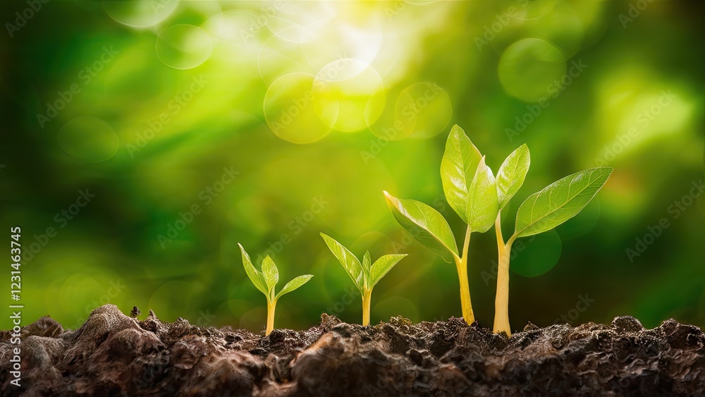 Poster Fresh green seedlings emerging from dark soil against a blurred vibrant green bokeh backdrop with soft sunlight filtering through the scene.