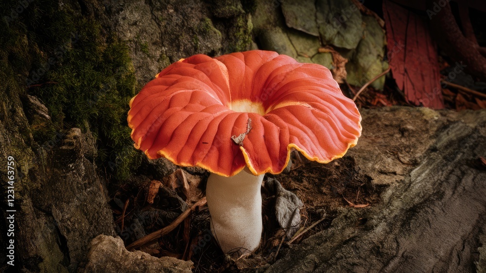 Poster Vibrant orange ganoderma lucidum mushroom with yellow edges, prominently displaying its unique cap, set against a textured natural background.