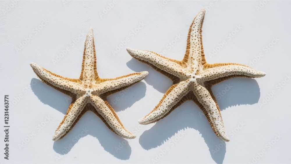 Poster two starfish positioned symmetrically on a clean white background, showcasing beige and light brown 