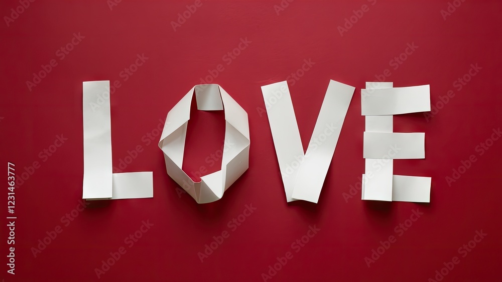 Poster crafted paper strips forming the word love on a deep red background showcasing vibrant white letters