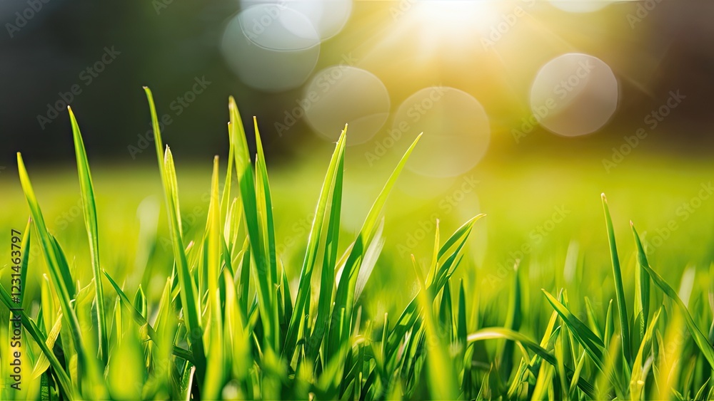 Leinwandbilder Lush green grass illuminated by bright sunlight with soft focus bokeh background creating an abstract nature scenery in vibrant hues