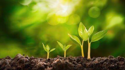 Fototapeta premium Fresh green seedlings emerging from dark soil against a blurred vibrant green bokeh backdrop with soft sunlight filtering through the scene.