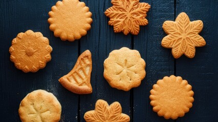 Fototapeta premium Delicious assortment of golden sweet biscuits and pastry treats arranged on a dark wooden surface with intricate designs and varying shapes