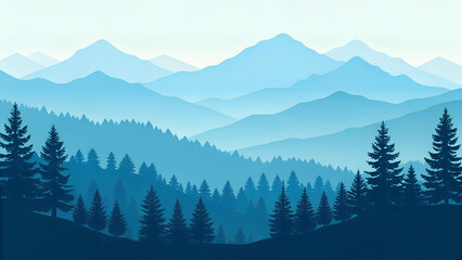 Silhouette of mountains and coniferous forest. Vector illustration.