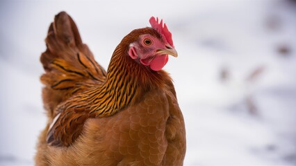 Brown hen with vibrant plumage, positioned slightly left against a soft-focus white background, showcasing detailed feather textures and a prominent red comb.