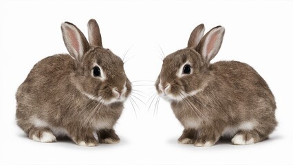 Obraz premium Two adorable brown bunnies facing each other on a clean white background with soft shadows enhancing their fluffy fur and gentle features.