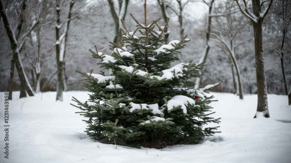Poster snow-covered christmas tree surrounded by pristine white snow in a serene winter landscape with barr