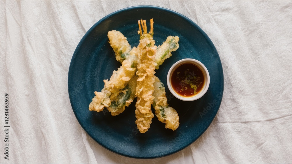 Poster tempura vegetables arranged in a cross pattern on a dark blue plate with a small dish of ponzu sauce