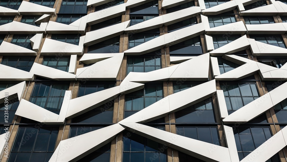 Fototapete Geometric facade of modern building showcasing white angular shapes against dark glass windows with a structured layout of light and shadow