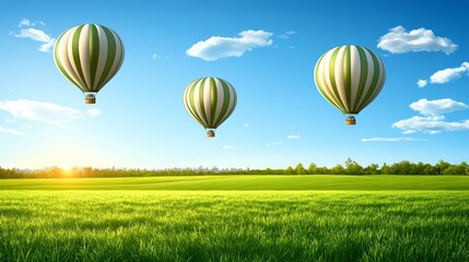 Obraz premium Three hot air balloons ascending over a vibrant green field at sunrise
