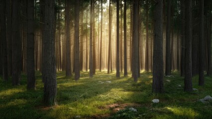 Fototapeta premium Sunlight streaming through tall trees in a serene forest setting with lush green grass and scattered stones illuminated by soft golden light.