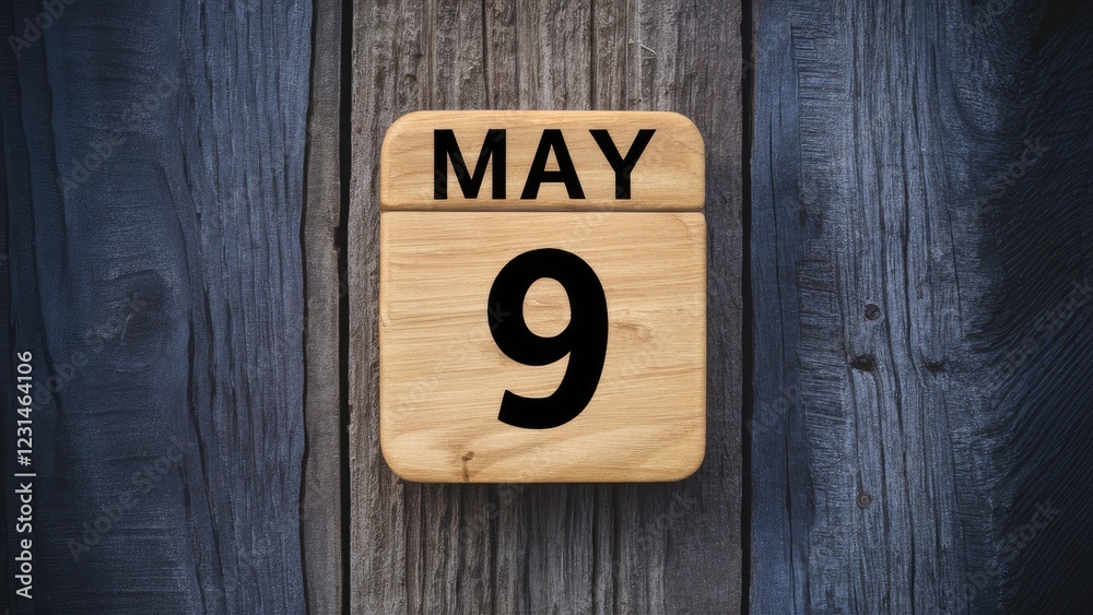Poster wooden calendar displaying the date may 9 centered against a textured dark wood background, highligh