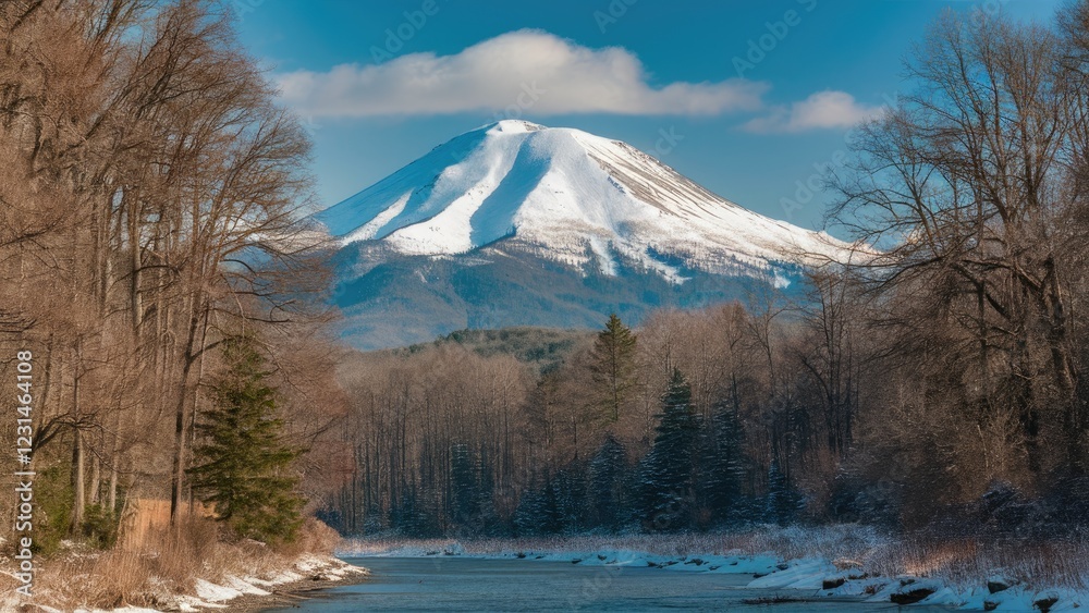 Poster majestic snowcapped mountain in background with lush green trees adjacent to a serene river foregrou