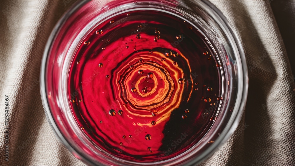 Leinwandbilder close-up shot of swirling red liquid in a transparent glass on a textured fabric background with war