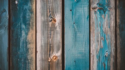Naklejka premium Textured weathered wooden boards in shades of blue and tan arranged vertically, showcasing a rustic and shabby chic appearance for backgrounds.