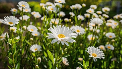 Vibrant white daisies with yellow centers in lush green foliage, creating a natural outdoor garden scene in soft sunlight.