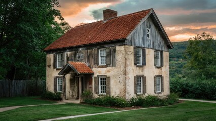 Obraz premium Charming rustic house with aged textured walls in earthy tones surrounded by lush green lawn under dramatic sunset sky.