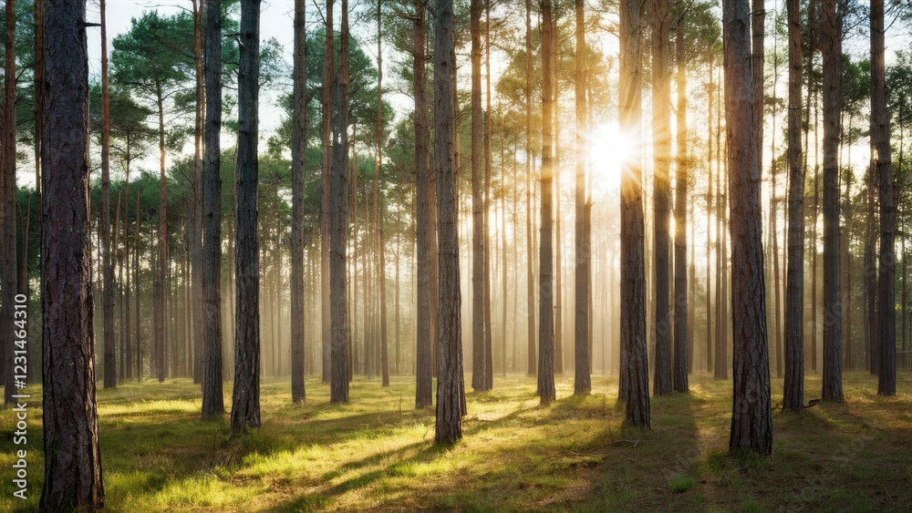 Fototapete Sunlight streams through tall pine trees in a serene forest setting with warm golden tones and soft light creating a tranquil atmosphere