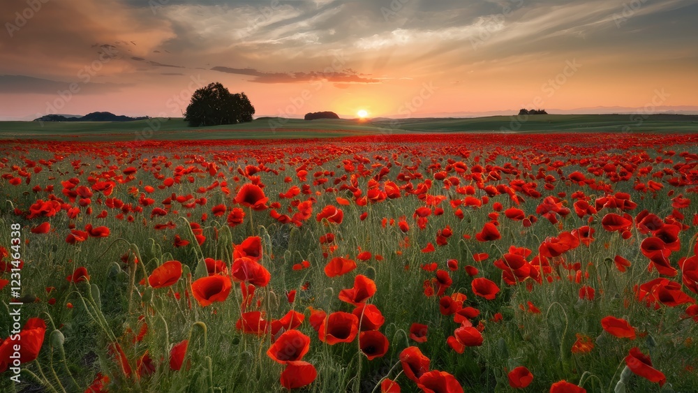 Poster vibrant red poppy field under a golden sunset sky with clouds positioned in the upper half creating 