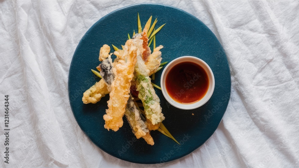 Poster tempura vegetables arranged on a teal plate with a small bowl of dark ponzu sauce positioned to the 